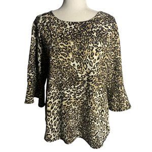 Leopard Print Pullover Blouse XL Brown Bell Sleeve Stretch Knit Round Neck